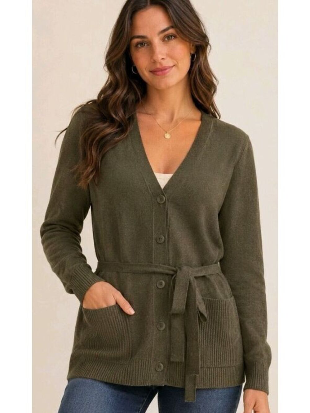 Splendid Cardigan Womens S Green V Neck Belted Quiet Luxury Casual Academic Fall